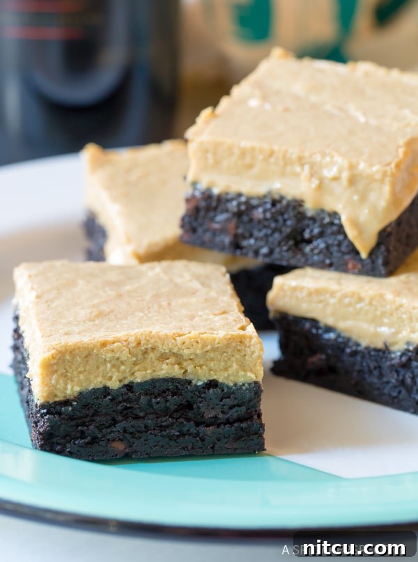 Coffee Brownies - Heavenly Baileys Irish Cream Coffee Bars for Saint Patrick's Day close up side view