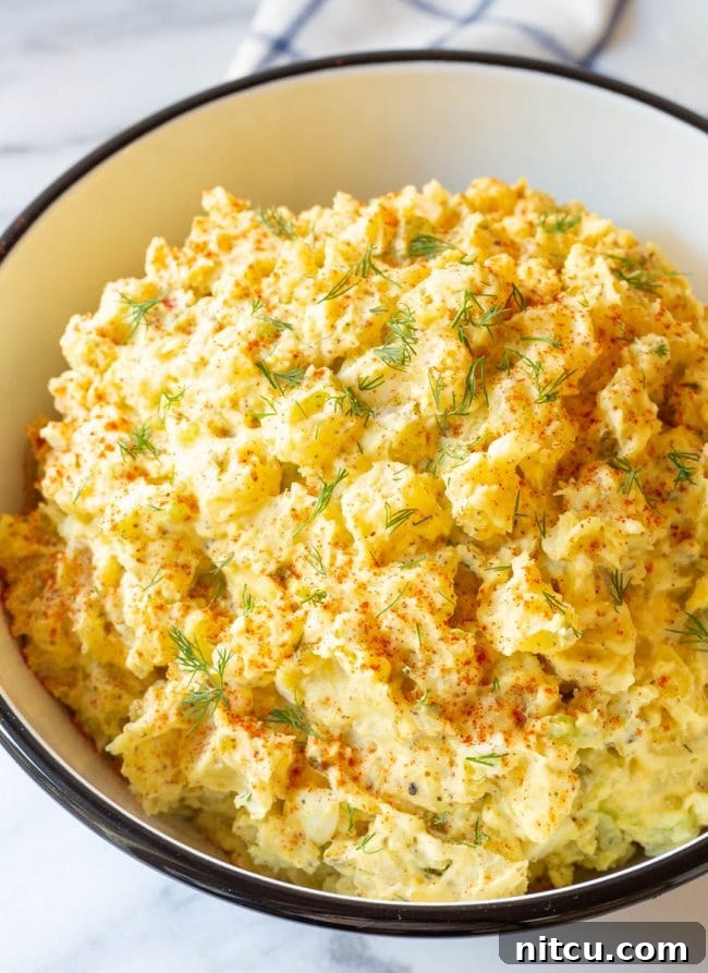 A large serving bowl filled with the best homemade creamy potato salad, garnished with fresh dill.