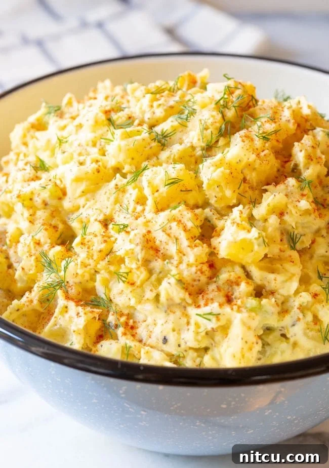 The finished, perfectly mixed and chilled potato salad, garnished with fresh dill, ready to be served.