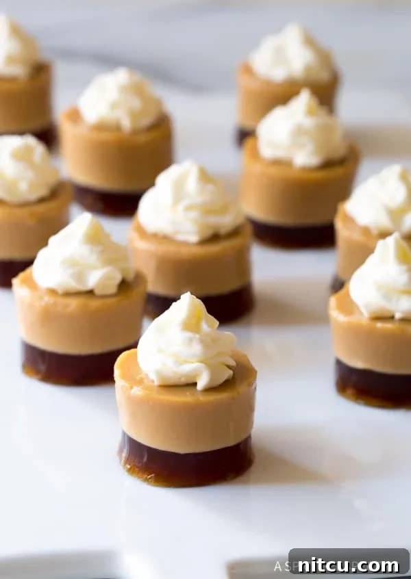 Close-up of layered Baileys cream jello shots, each adorned with a perfect dollop of whipped cream, showcasing their intricate design.