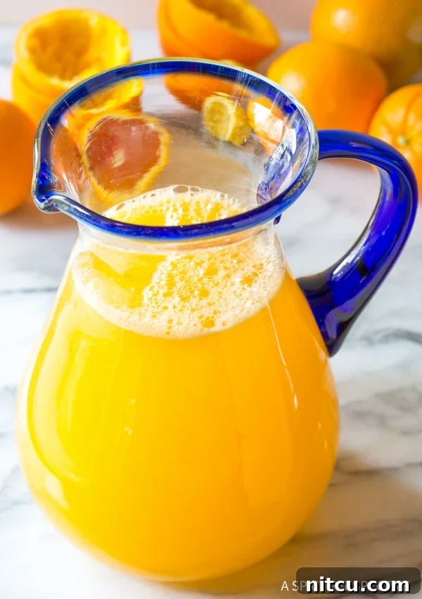 Vibrant Orangeade in a glass pitcher, surrounded by fresh oranges and a hint of lush greenery, evoking a perfect summer day.