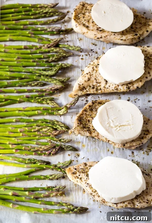 A sheet pan with four partially baked chicken breasts, each topped with a slice of fresh mozzarella, and a generous portion of asparagus spears spread on the other half, ready for the oven.