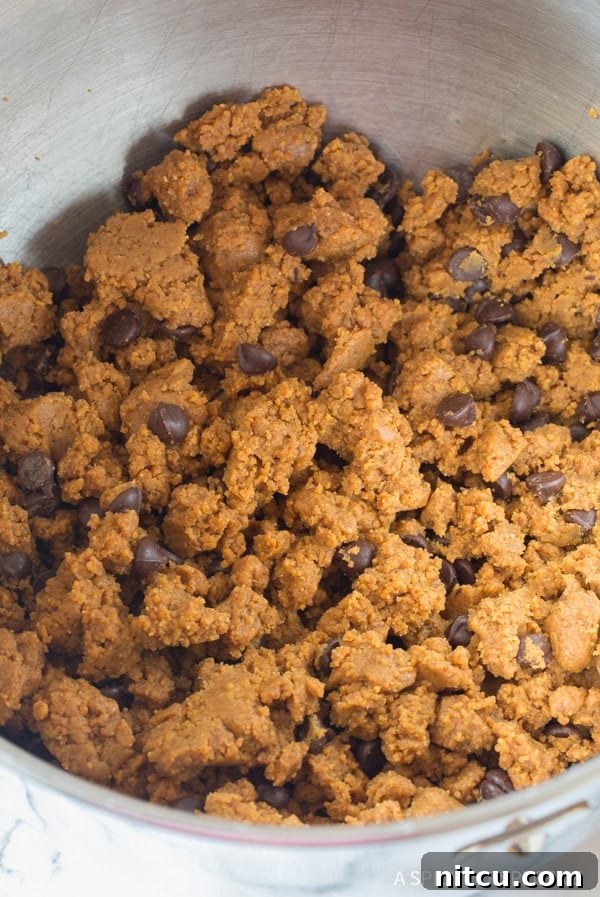 A mixing bowl filled with raw cookie dough, generously dotted with dark chocolate chips, ready for scooping.