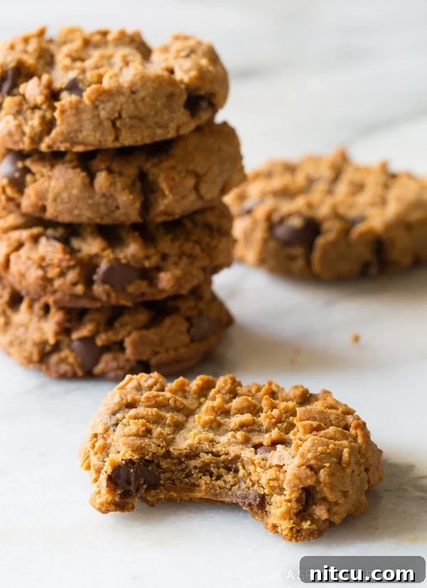 Four delicious cookies in the background, with one perfect cookie in the foreground featuring a bite already taken.