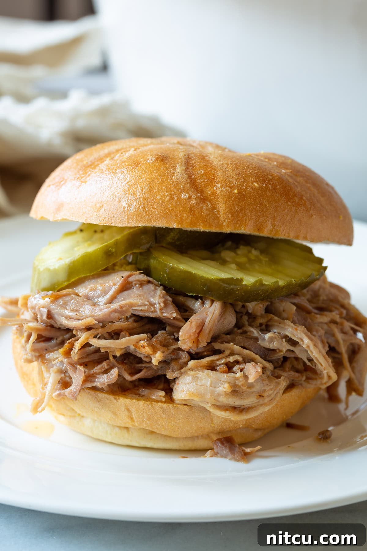 Smoked pulled pork on a bun with pickles served on a white plate.