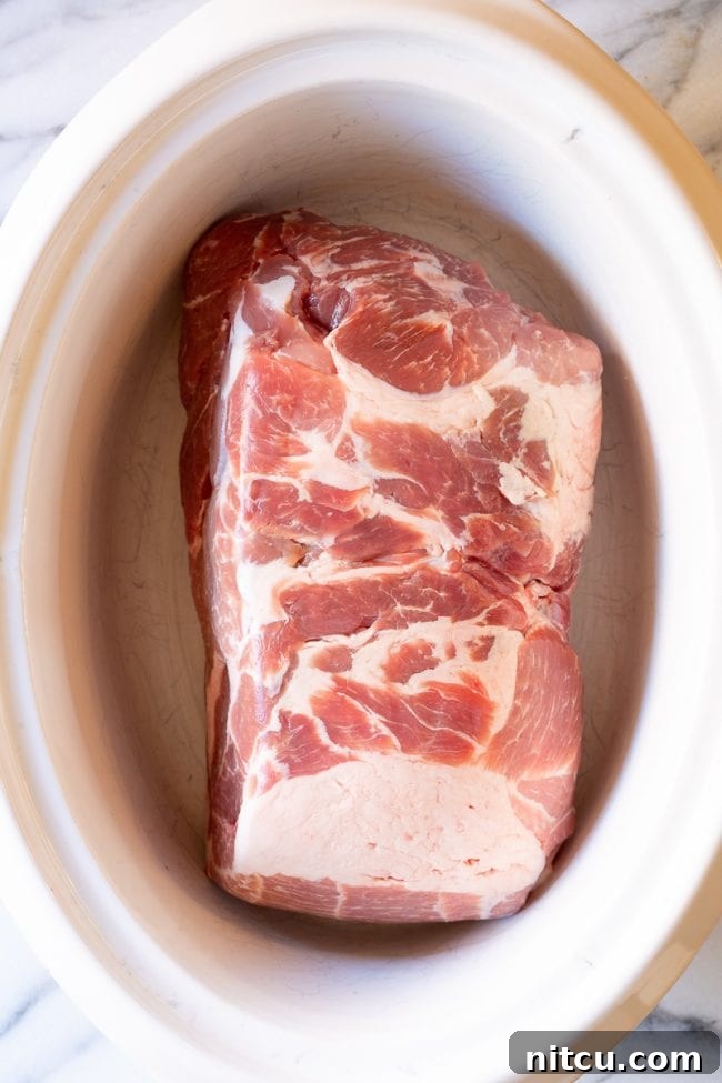Uncooked pork in a crock-pot. 