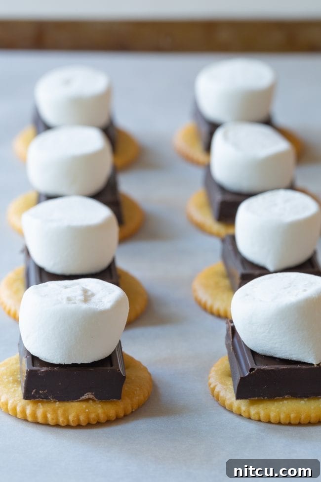 Ritz cracker s'mores with dark chocolate and marshmallows. 