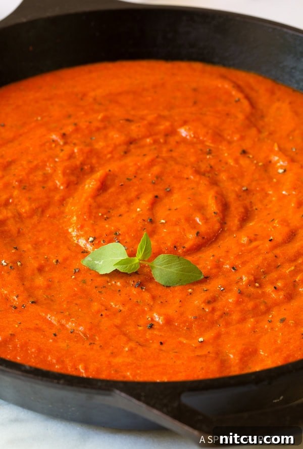 Silky Roasted Red Pepper Marinara sauce in a skillet. 