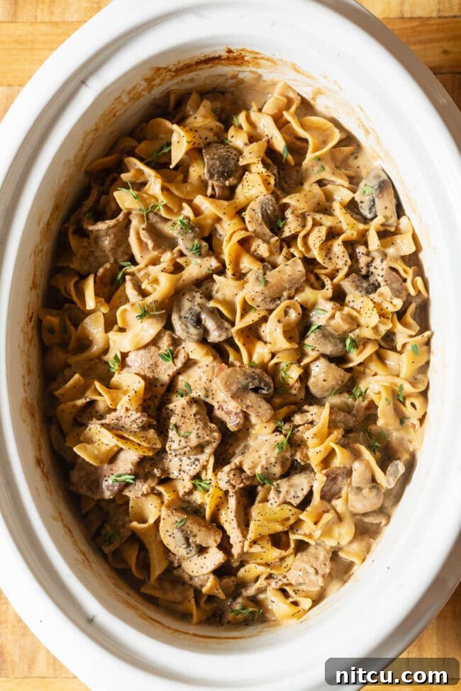 Beef Stroganoff Slow Cooker Recipe in the crock with the noodles mixed in
