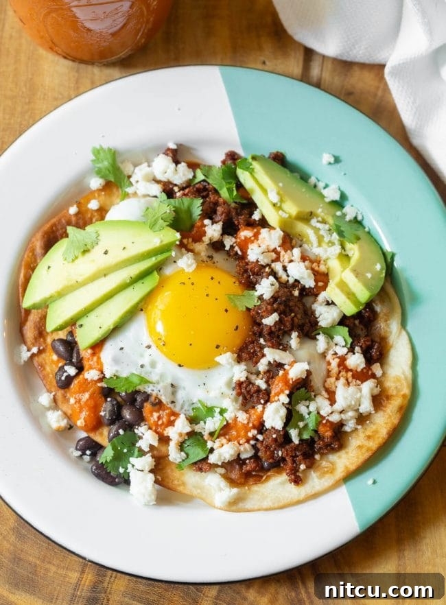 Overhead shot of Huevos Rancheros with sliced avocado and fresh cilantro.