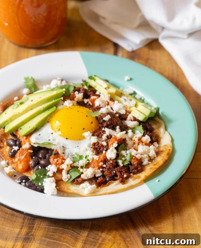 Finished Huevos Rancheros recipe with avocados, chorizo, queso fresco, beans and cilantro, ready to eat.