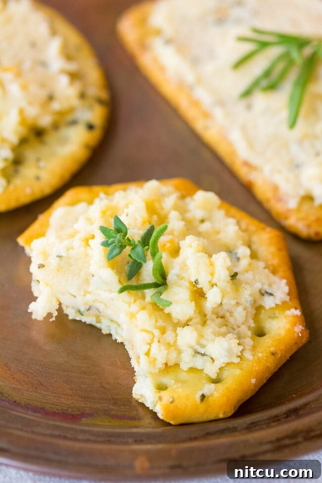 A cracker generously topped with homemade cheese spread, with a bite taken out, showcasing its creamy texture.