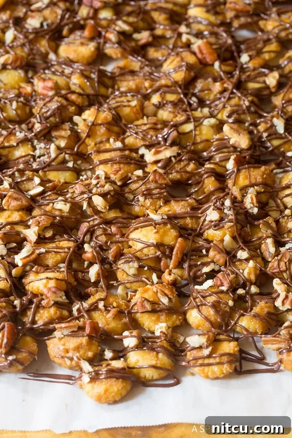 Christmas crack candy drizzled with melted chocolate and sprinkled with chopped nuts, a perfect holiday treat.