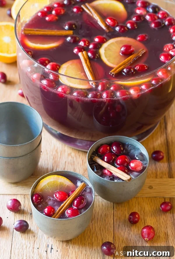 Two glasses of vibrant holiday punch elegantly presented, with a punch bowl filled with more of the delightful beverage in the softly blurred background.