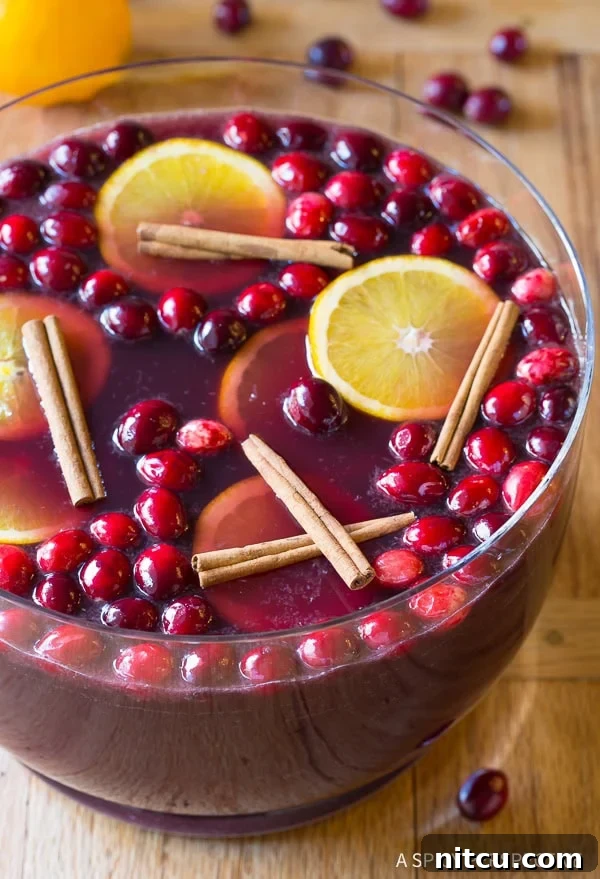 A festive punch bowl brimming with the 5-Ingredient Holiday Wine Punch recipe, ready to be served and enjoyed at a lively celebration.