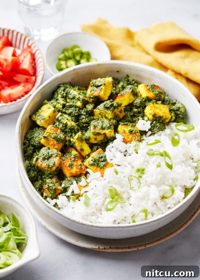 Saag paneer next to rice in a bowl. Toppings for the curry are in the background.