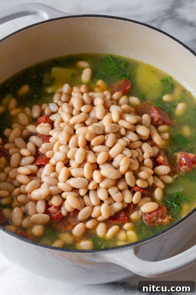 Adding white beans to the Caldo Verde soup pot, a key step in creating Portuguese Bean Soup.