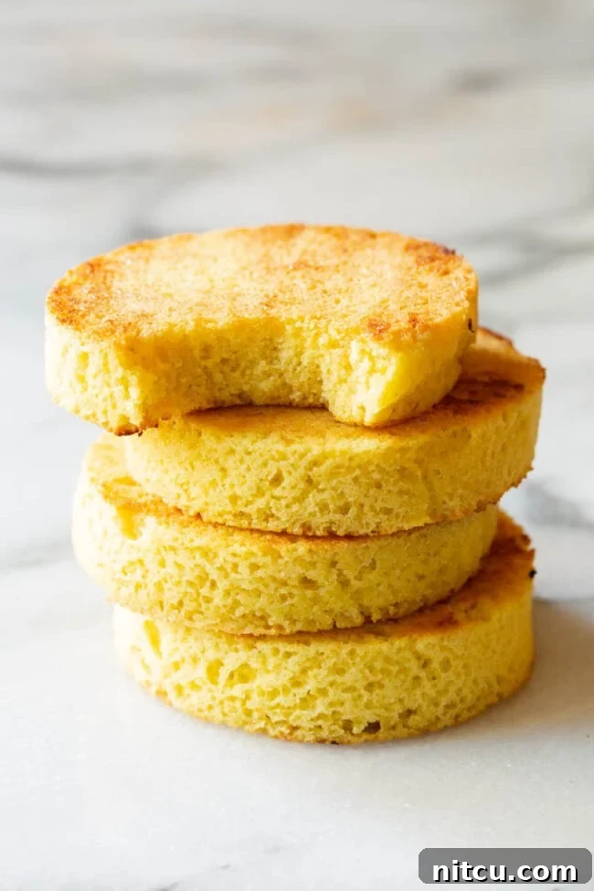 4 round slices of low carb bread stacked. The top slice has a bite taken out.