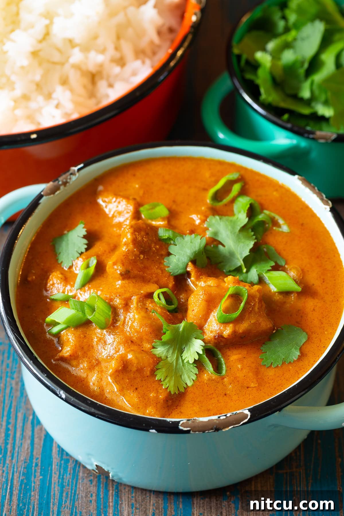 Instant Pot Butter Chicken Curry in a pot with fresh cilantro and green onion on the top. 
