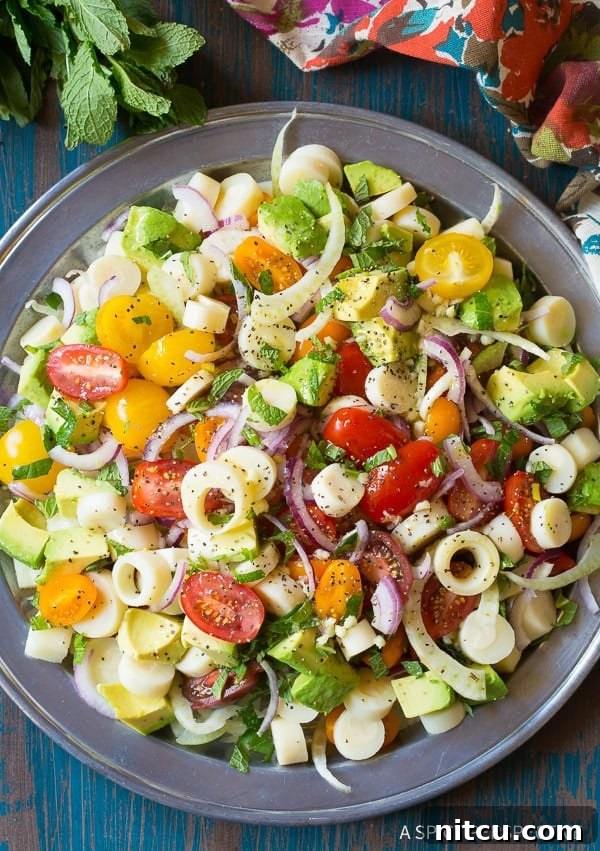 Hearts of Palm Salad with Brazilian Vinaigrette overhead shot on plate