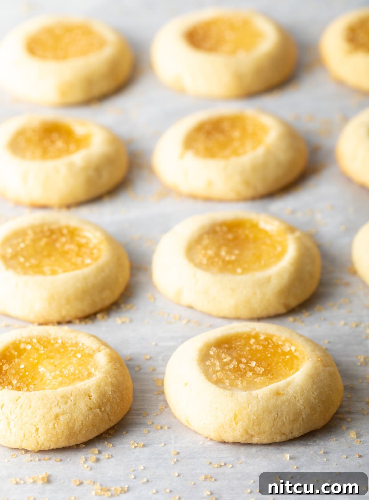Side view of the lemon drop thumbprint cookies recipe looking beautifully baked