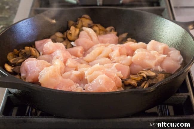 Cubed raw chicken breast added to sauteed mushrooms and onions in a skillet.