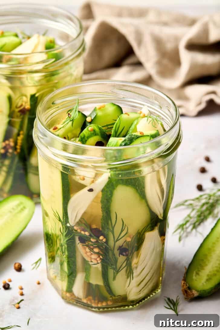Homemade Refrigerator Pickles Recipe - the best recipe for dill pickles - front view of jar