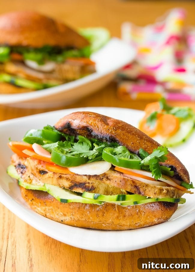Vietnamese Banh Mi sandwiches loaded with fresh vegetables and succulent chicken
