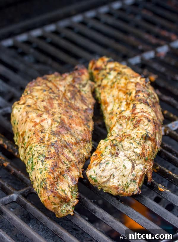 A perfectly grilled pork tenderloin resting on a gas grill grate, showcasing its beautiful golden-brown exterior and ideal sear achieved with the 7-6-5 method.