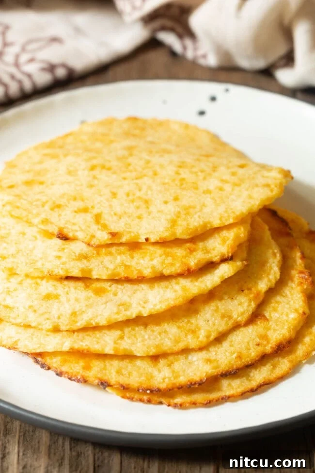 Stacked keto tortillas on a white plate, showcasing their perfect round shape.