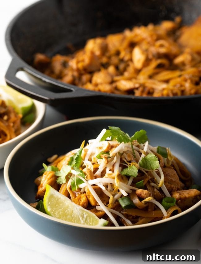A delectable bowl of Chicken Pad Thai, with a wok blurred in the background, ready to be enjoyed.