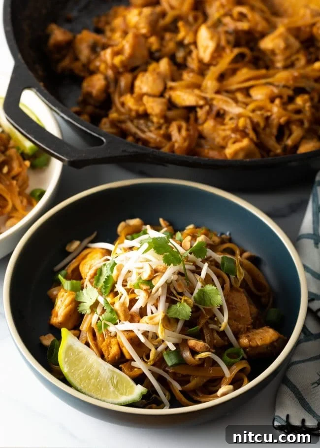 Homemade Pad Thai noodles in a bowl, exquisitely garnished with fresh mung bean sprouts, bright lime wedges, and fragrant cilantro, ready for a delicious meal.