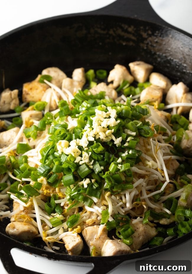 Adding fresh mung bean sprouts, chopped green onions, and minced garlic to the skillet, stirring them with the already cooked chicken pieces.