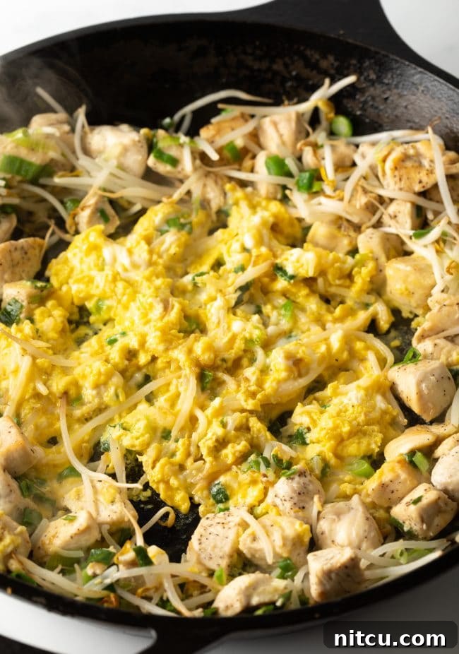 Scrambled eggs being incorporated into the stir-fry with chicken, bean sprouts, green onions, and garlic in a large skillet.