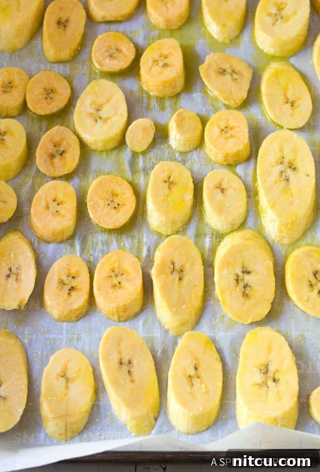 Raw, sliced plantains arranged in a single layer on a baking sheet before being placed in the oven.