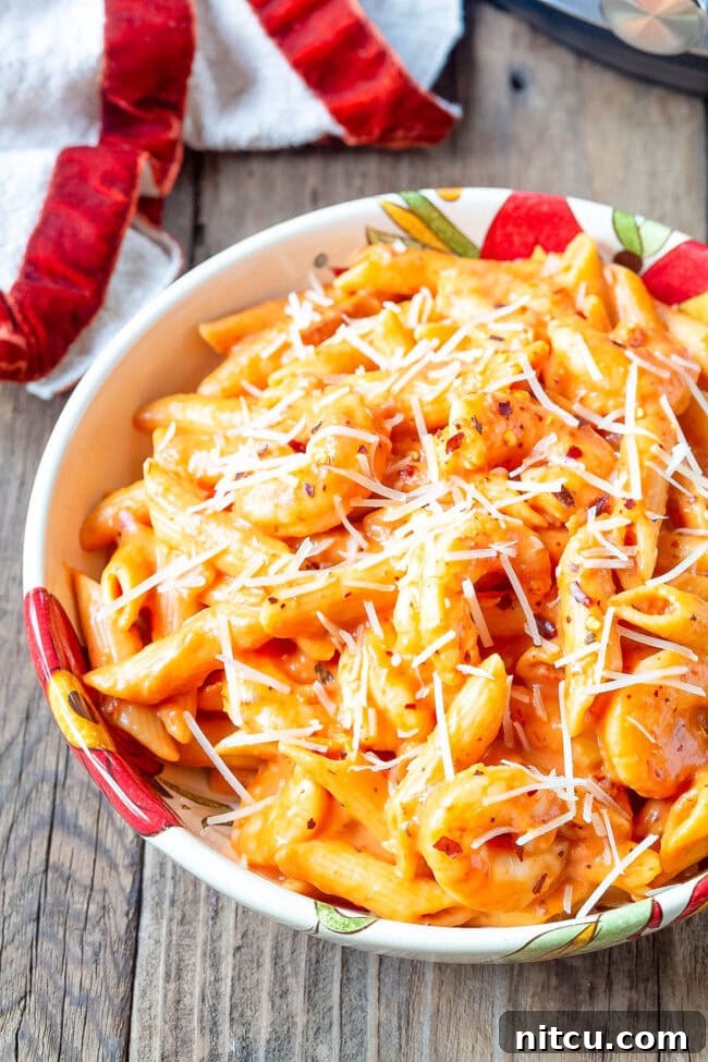 Bowl of shrimp vodka sauce pasta. 