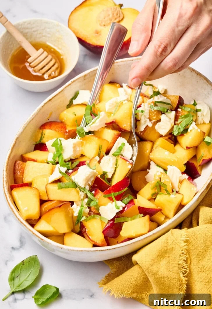 Close-up of vibrant peaches and fresh basil leaves artfully arranged in a salad, highlighting the fresh ingredients.