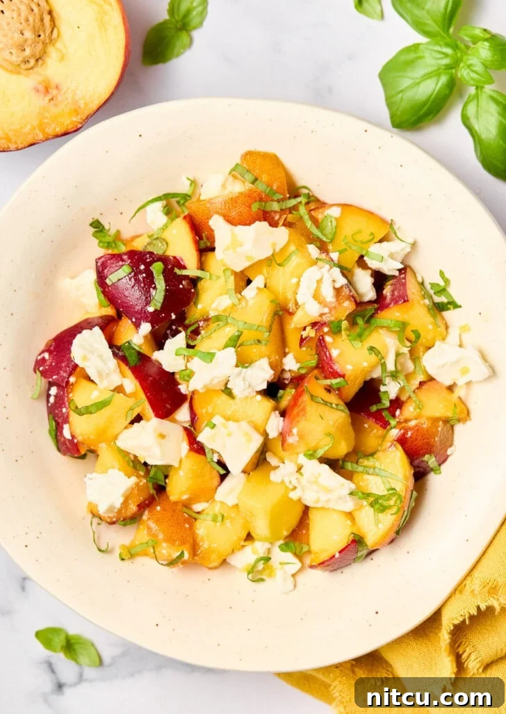 A bowl of fresh Basil Peach Salad, beautifully garnished and ready to serve, showcasing the vibrant colors of summer.