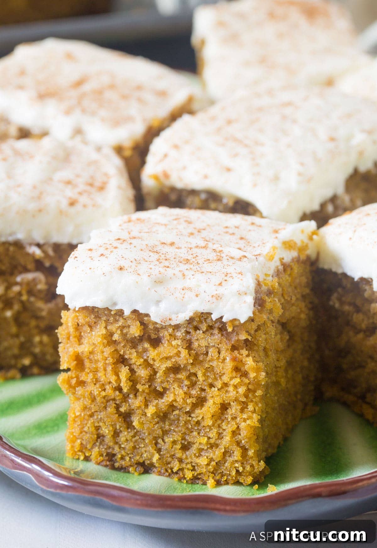 Close-up shot of a slice of Pumpkin Texas Sheet Cake with Buttermilk Frosting on a plate, showing its moist texture and creamy topping.
