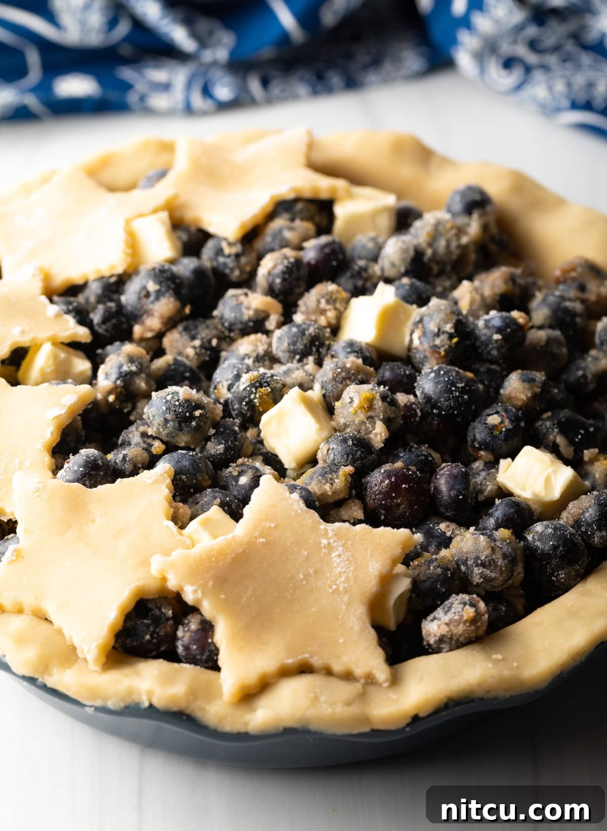 Assembling Blueberry Pie with Decorative Almond Crust