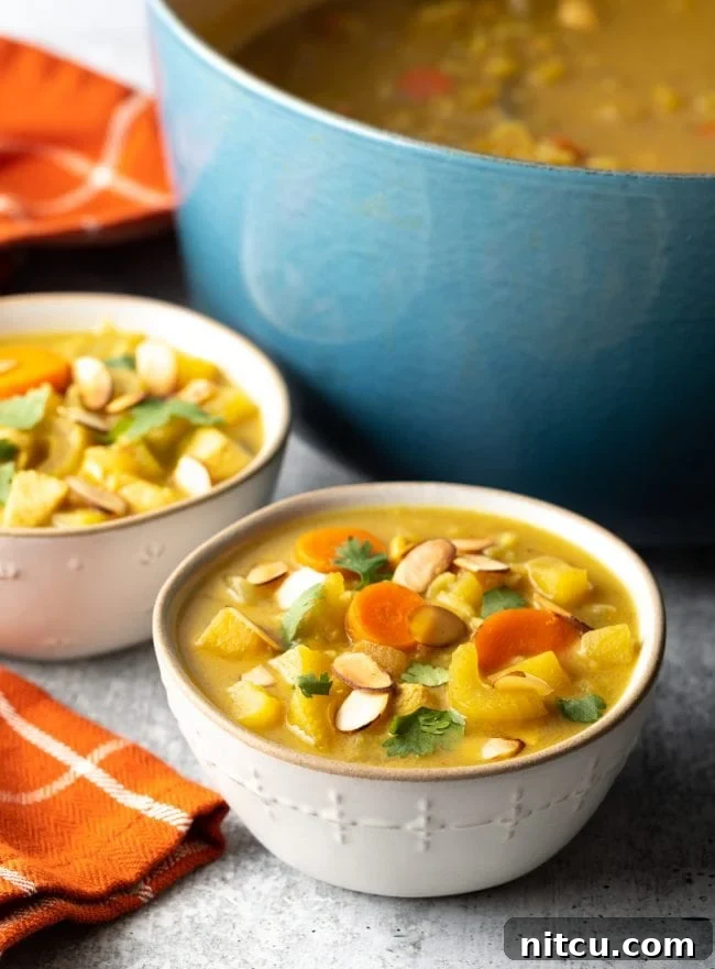 Two rustic bowls filled with hearty chicken curry soup and vibrant vegetables.