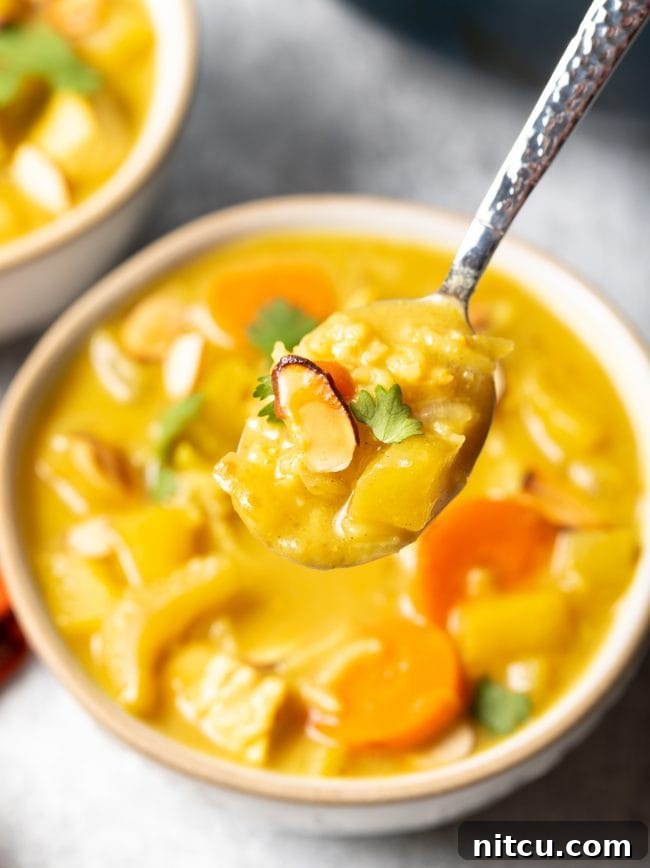 A spoonful of rich chicken curry soup, lifted from the bowl, showing its creamy texture and visible ingredients.