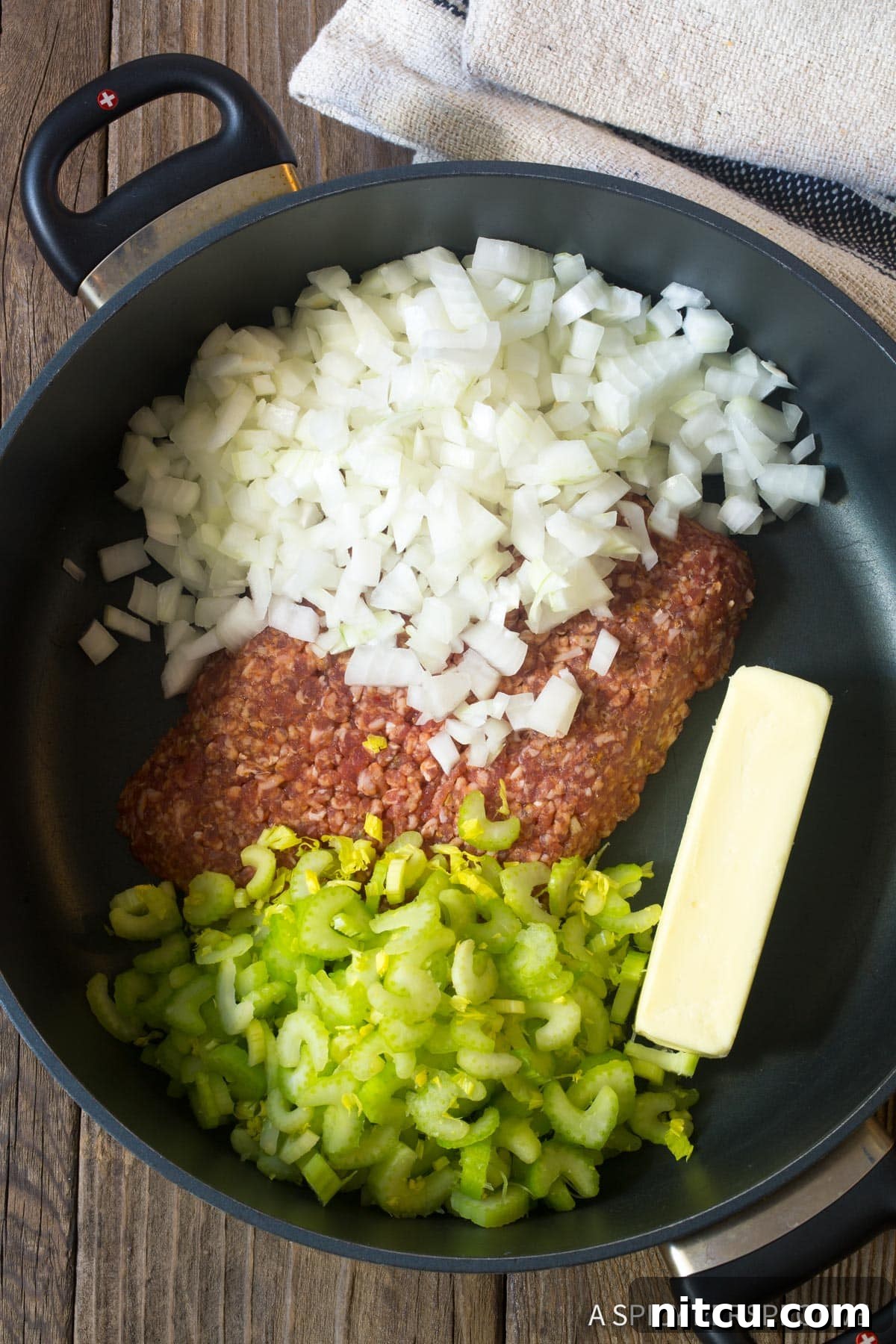 How to Make Mushroom Sausage Stuffing - ingredients in sauté pan