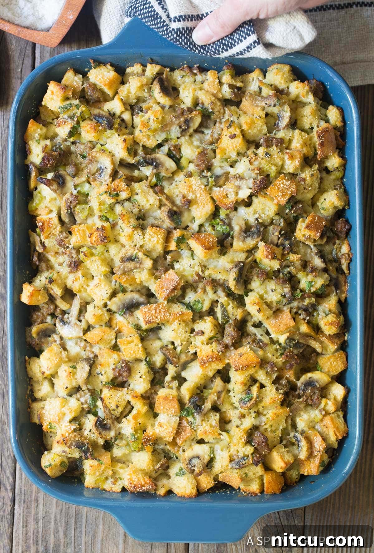 Perfect Sausage Mushroom Stuffing Recipe - overhead shot in baking dish