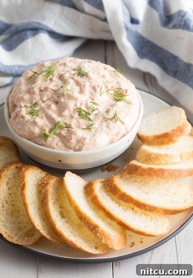 A small elegant bowl brimming with freshly made smoked salmon dip, surrounded by toasted bread for dipping.