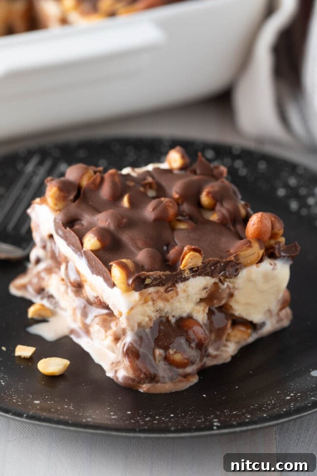 A close-up shot of a slice of the ice cream cake, showing creamy fudge oozing out slightly.