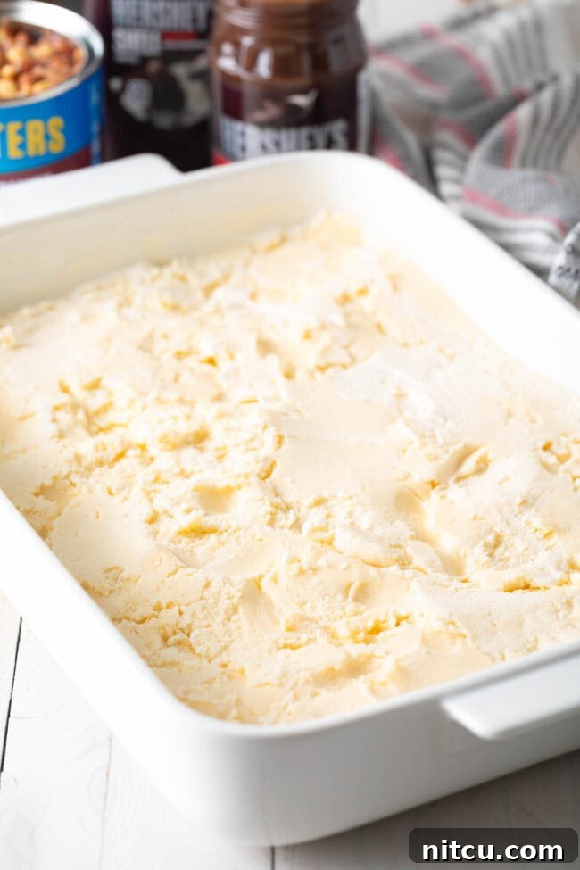 First layer of softened vanilla ice cream spread evenly over the graham crackers.