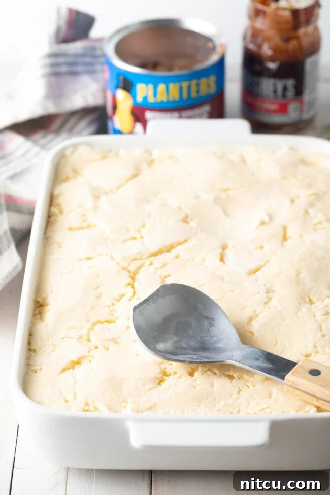 Second layer of vanilla ice cream gently pressed over the fudge and peanuts.