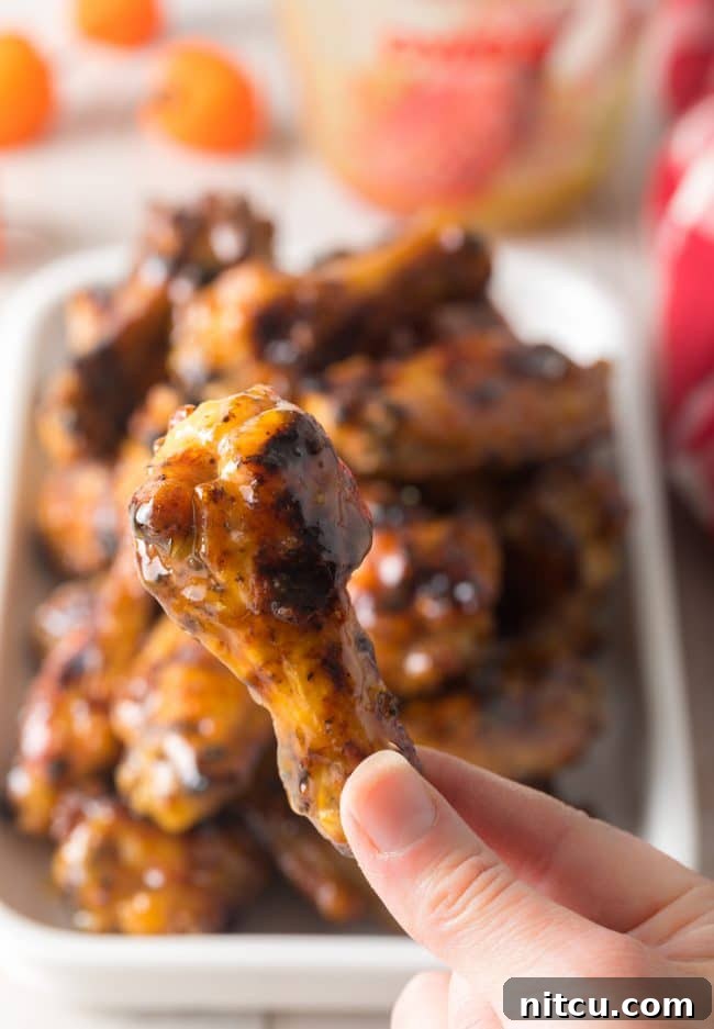 Hand holding up a drummie glazed wing to camera.
