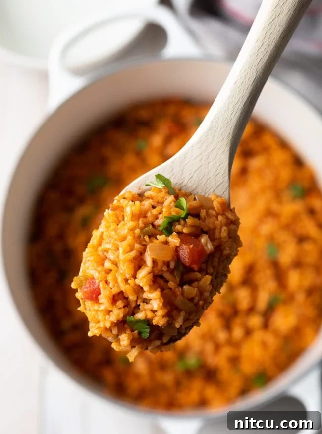 A pot of Spanish rice with a wooden spoon scooping out a fluffy portion, steam gently rising. The rice is a deep red color, well-separated, and garnished with chopped cilantro. This image highlights the texture and inviting presentation of the cooked rice, ready to be served.